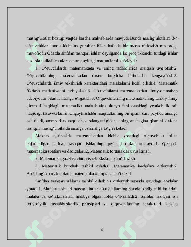 BOSHLNG'ICH SINFLARDA MATEMATIK TO'GARAKLARNI TASHKIL QILISH 5