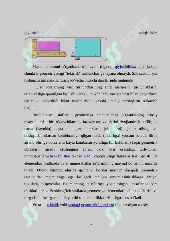 BOSHLANG’ICH SINF O’QUVCHILARIDA YUZA XAQIDAGI TASAVVURLARNI SHAKLLANTIRISH,YUZALARNI O’LCHASH MALAKASINI HOSIL QILISH USULLARI 6