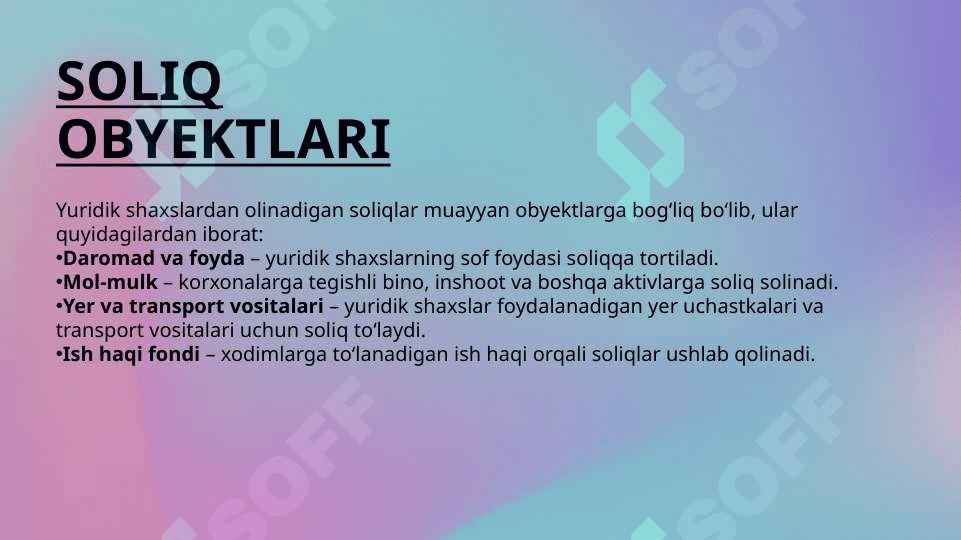 Yuridik shaxslardan olinadigan soliqlar mavzusida slayd 3