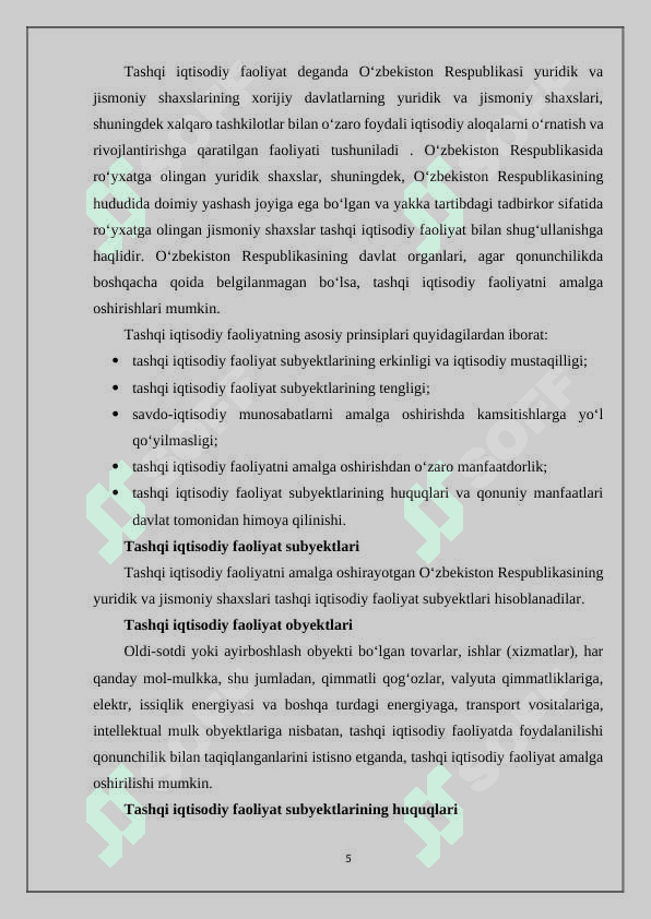 O‘zbekiston tashqi iqtisodiy faoliyatining asosiy yo‘nalishlari . 5