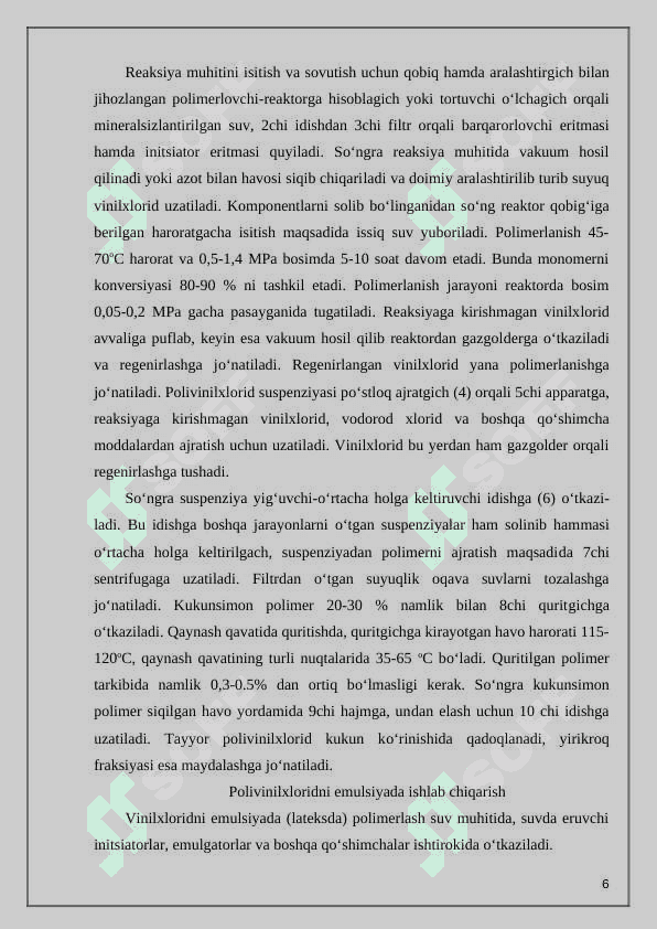 Polivinilxloriddan diametri 200 mm bo‘lgan trubalar ishlab chiqaradigan texnologik liniyasini takomillashtirish 6