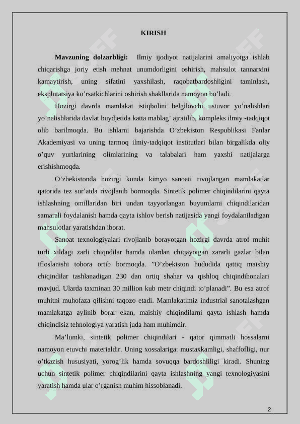 Polipropilen chiqindilаri аsosidа texnik idishlаr olish texnologiyasini tаkomillаshtirish (Q=11500 ty) 2