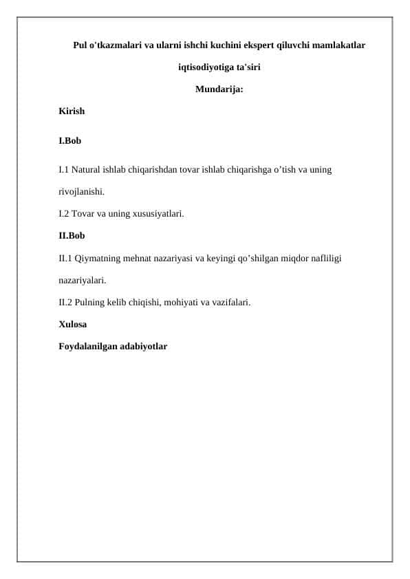 Pul o'tkazmalari va ularni ishchi kuchini ekspert qiluvchi mamlakatlar iqtisodiyotiga ta'siri