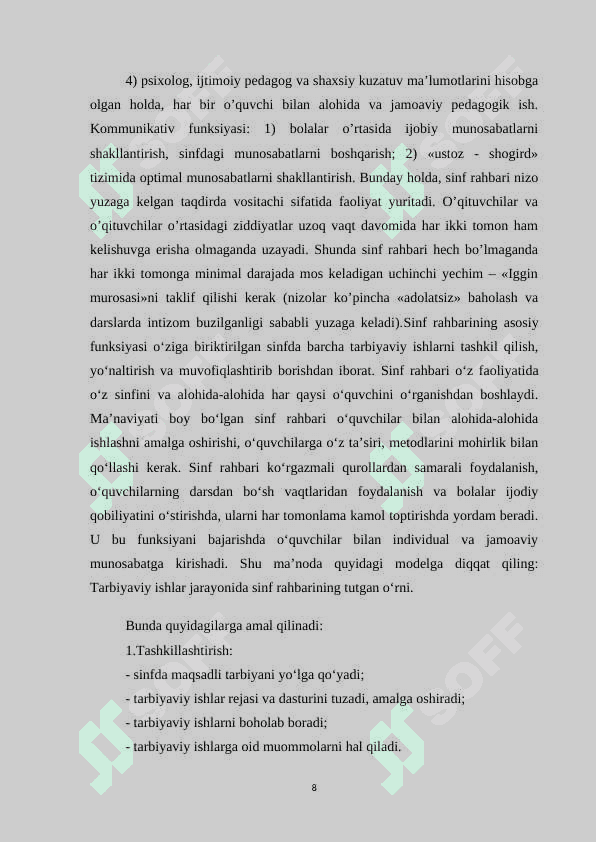 MAKTABDAGI TARBIYAVIY ISHLAR TIZIMIDA SINF RAHBARI FAOLIYATINI TASHKIL ETISH METODIKASI 8