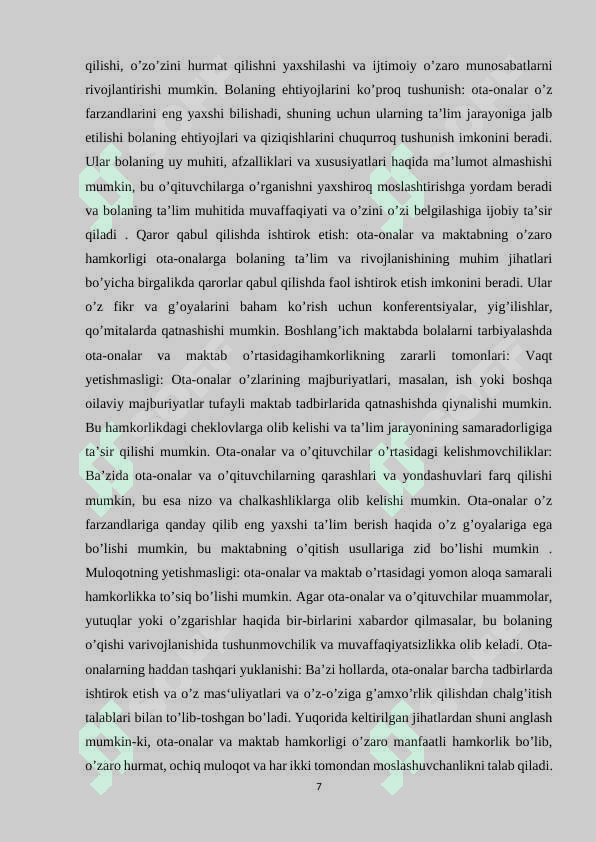 BOSHLANG’ICH SINF O’QITUVCHILARINI OTA-ONALAR MAJLISINI TASHKIL QILISH METODIKASI 7