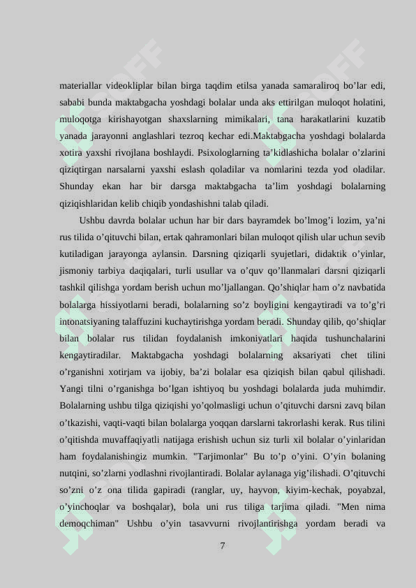 TAYYORLOV GURUH BOLALARINI RUS TILI O'RGATISH METODIKASI. 7