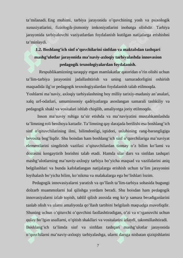 TARBIYAVIY TADBIRLAR VOSITASIDA BOSHLANG’ICH SINF O’QUVCHILARIGA MA’NAVIY-AXLOQIY TARBIYA BERISH-NING PEDAGOGIK AHAMIYATI 7