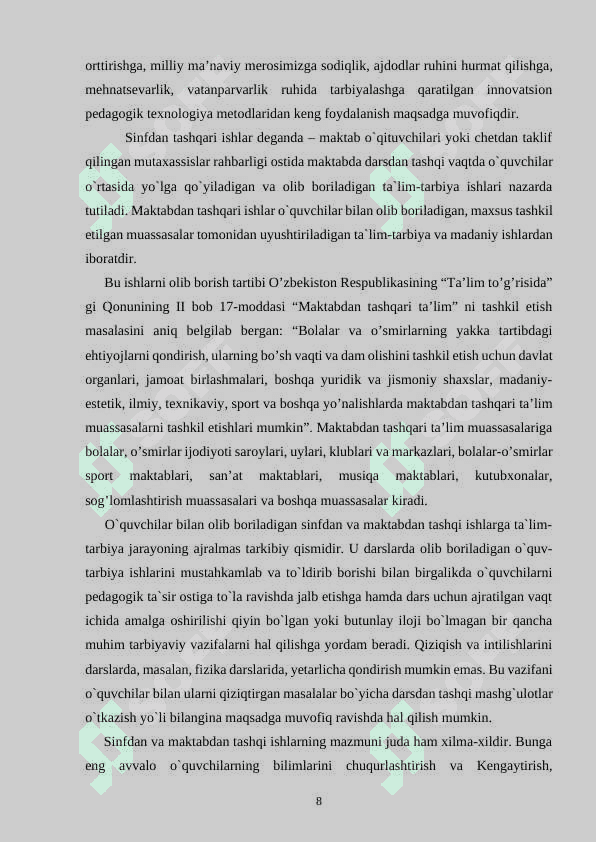 TARBIYAVIY TADBIRLAR VOSITASIDA BOSHLANG’ICH SINF O’QUVCHILARIGA MA’NAVIY-AXLOQIY TARBIYA BERISH-NING PEDAGOGIK AHAMIYATI 8