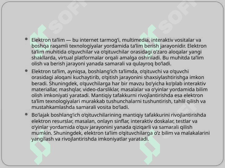 Elektron ta’lim muhitida bo‘lajak boshlang‘ich o‘qituvchilarining mantiqiy tafakkurini rivojlantirishning dasturiy metodik tizimi T.pptx 4