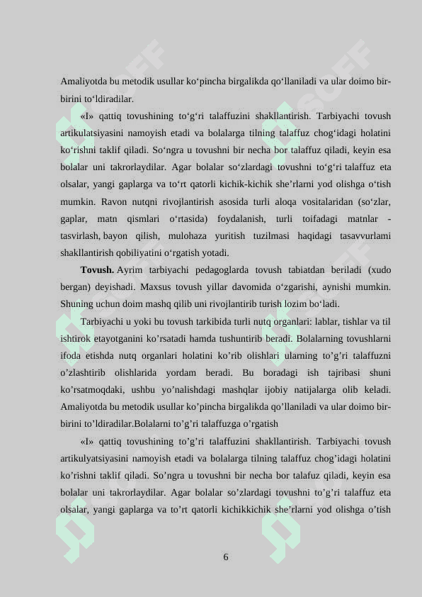 TOVUSHLARNING TO'G'RI TALAFFUZI YUZASIDAN OLIB BORILADIGAN ISHLAR MAZMUNI 6