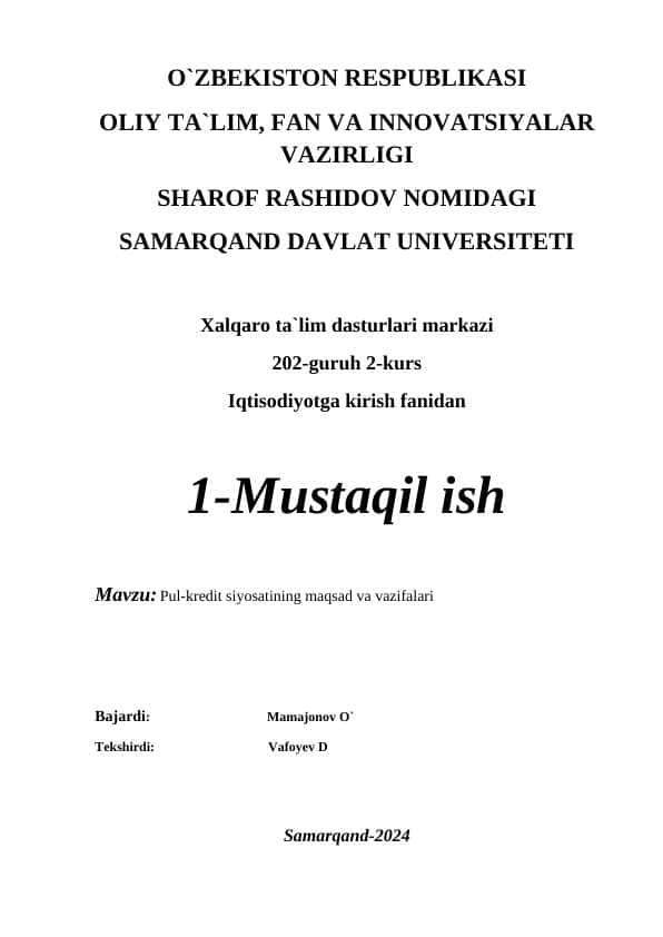Pul-kredit siyosatining maqsad va vazifalari
