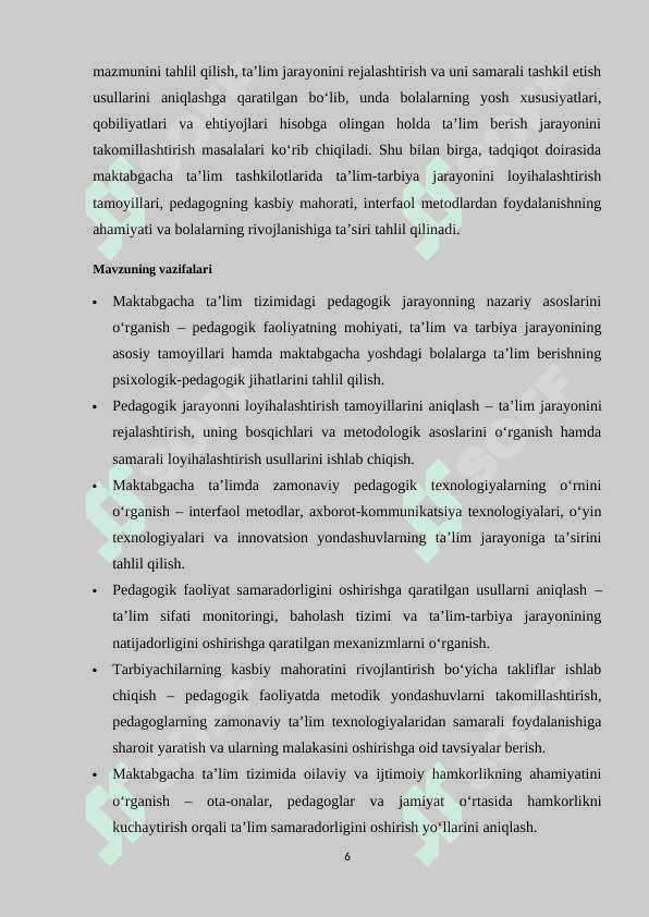 Maktabgacha ta'lim pedagogik jarayonni loyihalashtirishda pedagogik faoliyat mazmuni 6