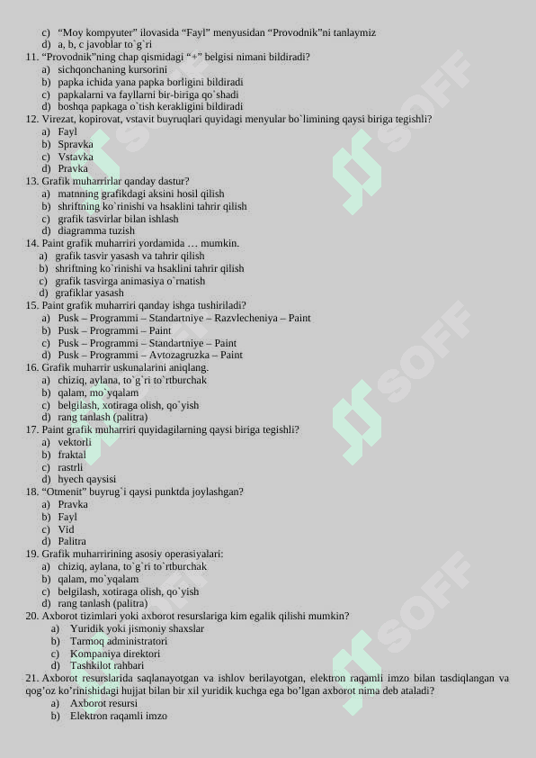 Kompyuter zamonaviy texnik va dasturiy ta’minoti fanidan TEST SAVOLLARI 2