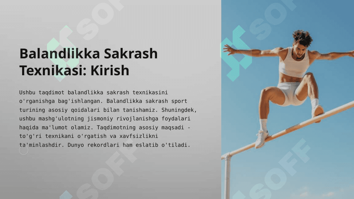 Yugurib kelib balandlikka sakrash texnikasini o`rgatish 2