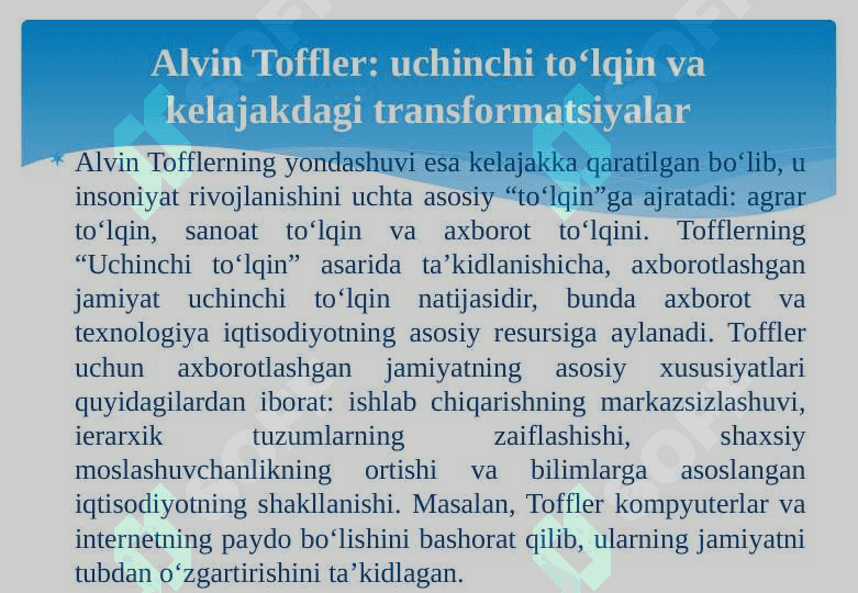 Axborotlashgan jamiyat va uning istiqbollari (A.Toynbi, E.Toffler asarlarining qiyosiy tahlili asosida) 25 7