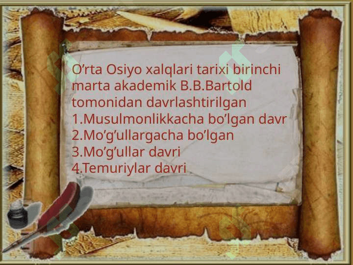 O’zbekiston tarixini   o’rganishda sivilizatsion  qarashlarning shakllanishi.  O’zbekiston tarixini davrlashtirishda sivilizatsion qarashlar. 7