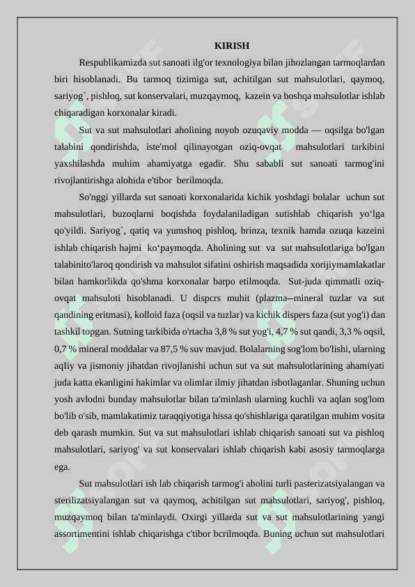 Sut va sut mahsulotlarini ishlab chiqish texnologiyasiga qo'yilgan talablar 2