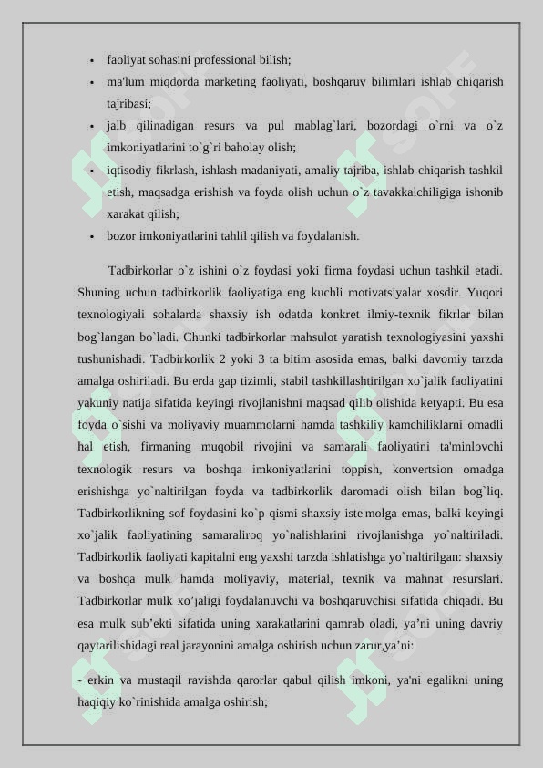 Tadbirkorlik bozor iqtisodiyotining harakatlantiruvchi omilidir. Oʻzbekistonning tadbirkorlik salohiyati 8