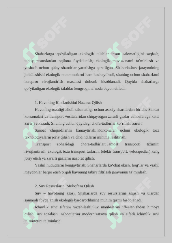 SHAHARLARGA QO‘YILADIGAN EKOLOGIK TALABLAR 2