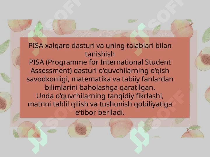 1. PISA xalqaro dasturida foydalaniladigan matn ustida ishlash usullarini qo'llagan holda yangi matn tanlab, shu matn asosida topshiriqlar ishlab chiqish 2