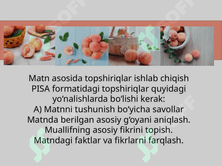 1. PISA xalqaro dasturida foydalaniladigan matn ustida ishlash usullarini qo'llagan holda yangi matn tanlab, shu matn asosida topshiriqlar ishlab chiqish 4