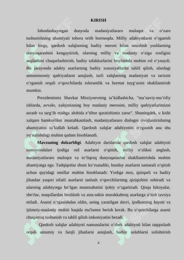 Adabiyot darslarida qardosh xalqlar adabiyoti namoyondalari ijodini oʻqitish kurs ishi 4