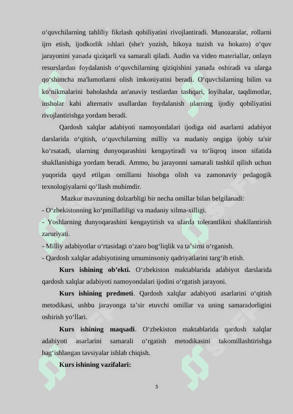 Adabiyot darslarida qardosh xalqlar adabiyoti namoyondalari ijodini oʻqitish kurs ishi 5