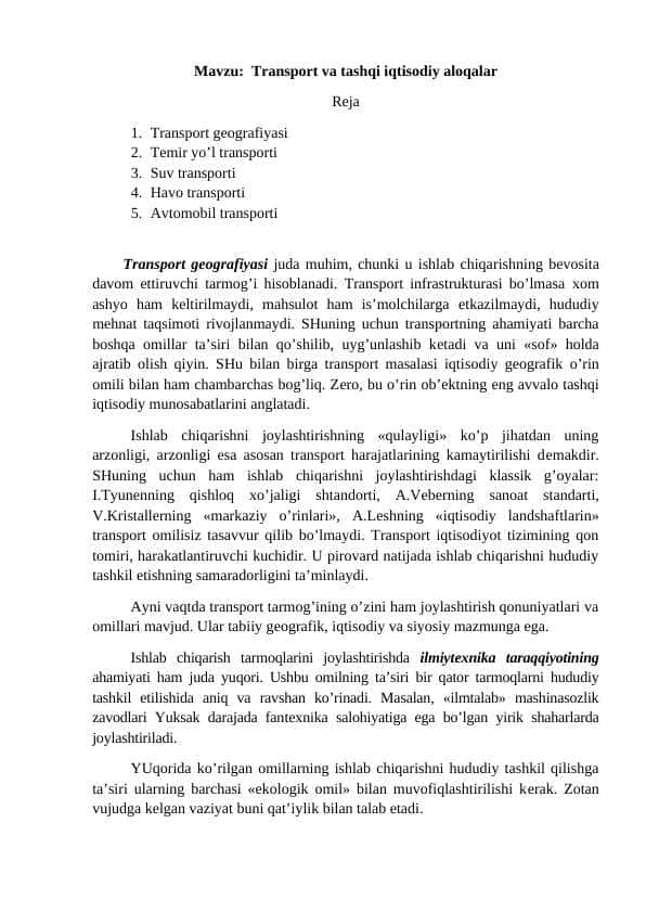 Transport va tashqi iqtisodiy aloqalar