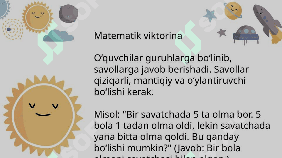 Boshlang’ich sinflarda matematika haftaligi. 
 Matematikadan konkurs va bellashuvlar o’tkazish. 4