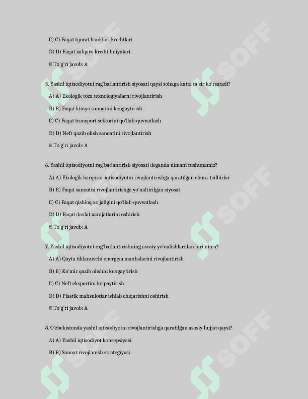 Oʻzbekistonda yashil iqtisodiyotni rag‘batlantirish siyosati
200 ta test savollari va javoblari bilan 2