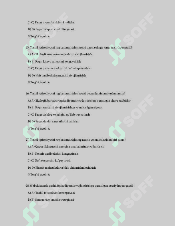 Oʻzbekistonda yashil iqtisodiyotni rag‘batlantirish siyosati
200 ta test savollari va javoblari bilan 7