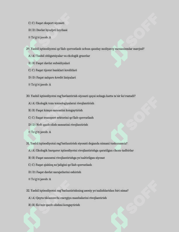 Oʻzbekistonda yashil iqtisodiyotni rag‘batlantirish siyosati
200 ta test savollari va javoblari bilan 8