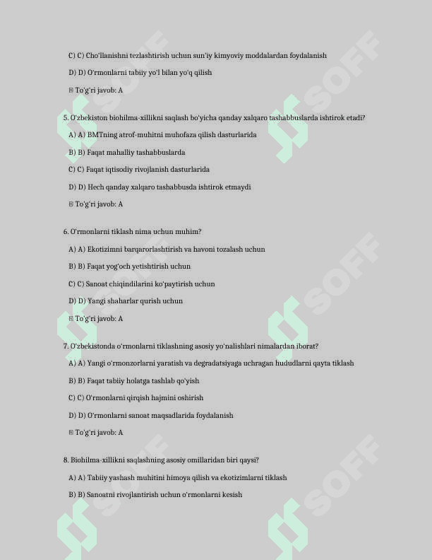 O'zbekistonda o‘rmonlarni tiklash va biohilma-xillikni saqlash masalalari
200 ta test savollari va javoblari bilan 2