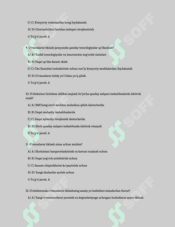 O'zbekistonda o‘rmonlarni tiklash va biohilma-xillikni saqlash masalalari
200 ta test savollari va javoblari bilan 3