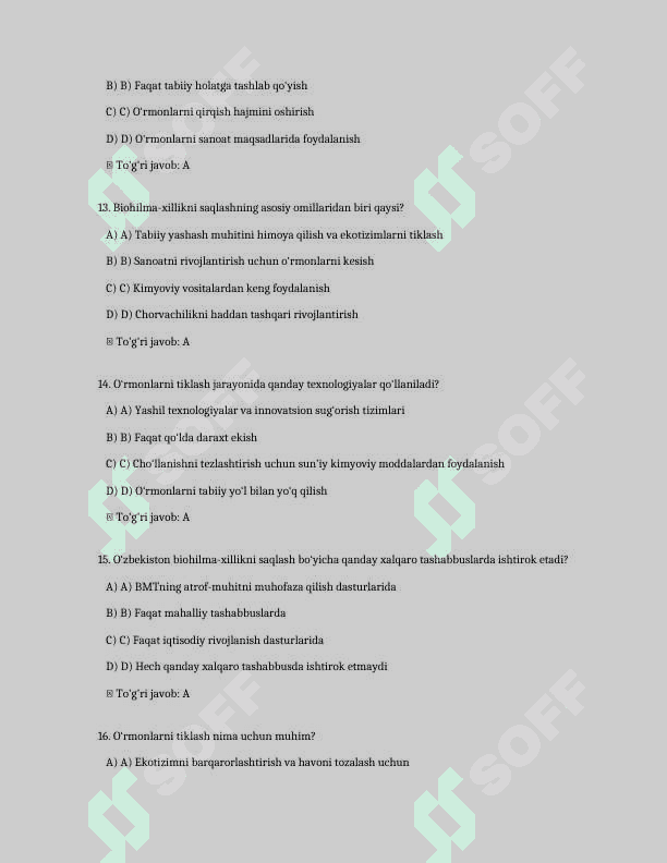 O'zbekistonda o‘rmonlarni tiklash va biohilma-xillikni saqlash masalalari
200 ta test savollari va javoblari bilan 4