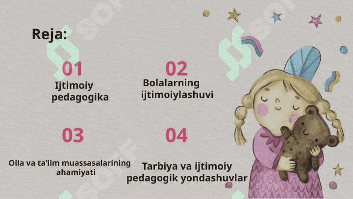 Ijtimoiy pedagogika fan sifatida.  Ijtimoiy pedagogikaning asosiy kategoriyalari. ljtimoiylashuv tushunchasi,jarayoni,vositalari.ljtimoiylashtirishning omillari va mexanizmlari. Ijtimoiylashtirishda xulqi og'ishgan bolalar bilan ishlash metodlari.Milliy mentalitet va uning ijtimoiylashuvdagi roli. Oila va uning asosiy funksiyalari. Oila bilan ijtimoiy pedagogik faoliyat olib borish.  Tarbiyachi shaxsida ijtimoiy munosabatlarni rivojlantirish metodlari. 2
