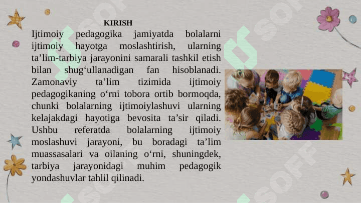 Ijtimoiy pedagogika fan sifatida.  Ijtimoiy pedagogikaning asosiy kategoriyalari. ljtimoiylashuv tushunchasi,jarayoni,vositalari.ljtimoiylashtirishning omillari va mexanizmlari. Ijtimoiylashtirishda xulqi og'ishgan bolalar bilan ishlash metodlari.Milliy mentalitet va uning ijtimoiylashuvdagi roli. Oila va uning asosiy funksiyalari. Oila bilan ijtimoiy pedagogik faoliyat olib borish.  Tarbiyachi shaxsida ijtimoiy munosabatlarni rivojlantirish metodlari. 3