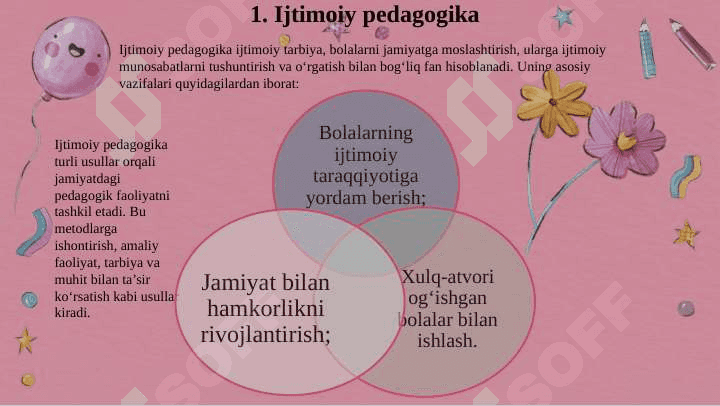 Ijtimoiy pedagogika fan sifatida.  Ijtimoiy pedagogikaning asosiy kategoriyalari. ljtimoiylashuv tushunchasi,jarayoni,vositalari.ljtimoiylashtirishning omillari va mexanizmlari. Ijtimoiylashtirishda xulqi og'ishgan bolalar bilan ishlash metodlari.Milliy mentalitet va uning ijtimoiylashuvdagi roli. Oila va uning asosiy funksiyalari. Oila bilan ijtimoiy pedagogik faoliyat olib borish.  Tarbiyachi shaxsida ijtimoiy munosabatlarni rivojlantirish metodlari. 4