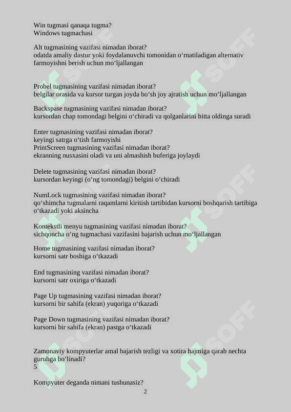 Informatikadan savol va javoblar to'plami 2