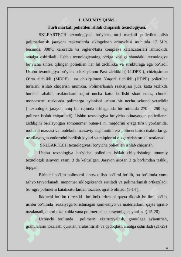 Tomchilatib sug‘orishga mо‘ljallangan polietilen asosida shlanglar ishlab chiqarish texnologik liniyasini loyihasi (Q=7900 pmsutka) 4