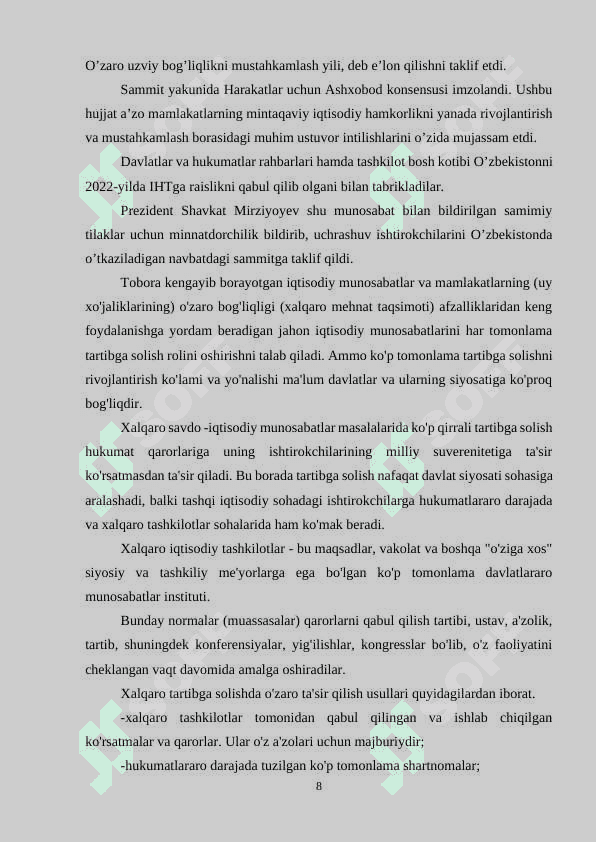 Xalqaro iqtisodiy integratsiya va O‘zbekistonning jahon hamjamiyatiga kirib borishi 8