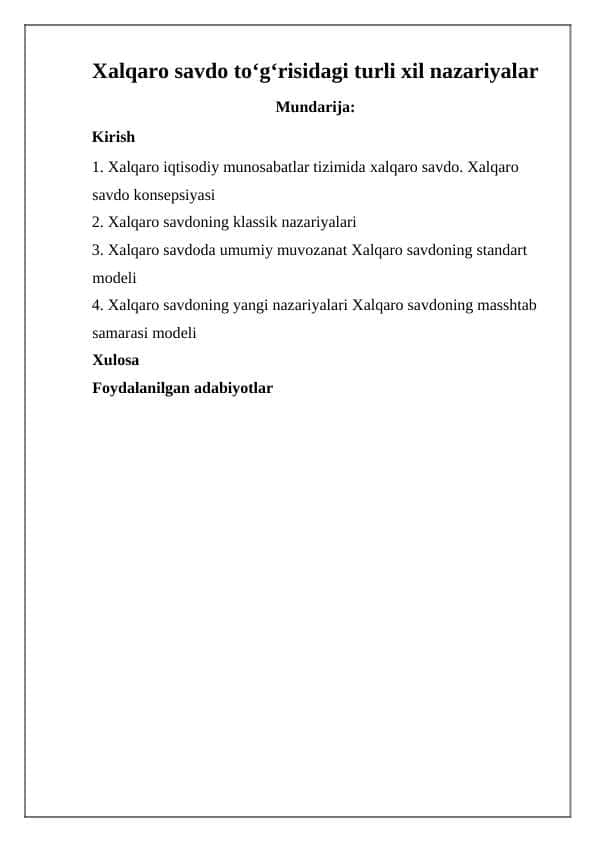 Xalqaro savdo to‘g‘risidagi turli xil nazariyalar