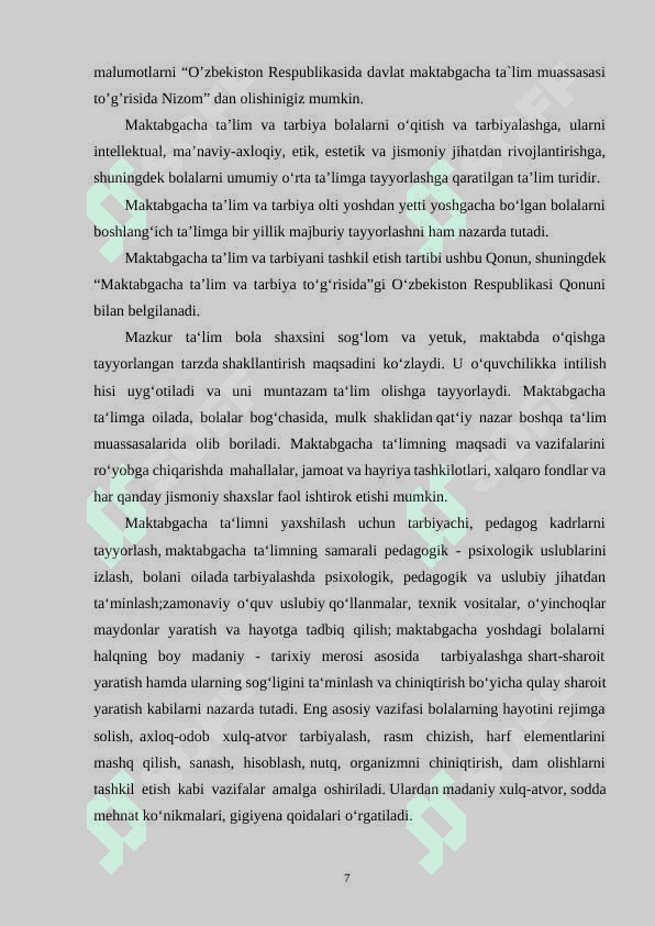 Maktabgacha ta’limning mazmun-mohiyati va ta’lim tizimida tutgan o’rni 7
