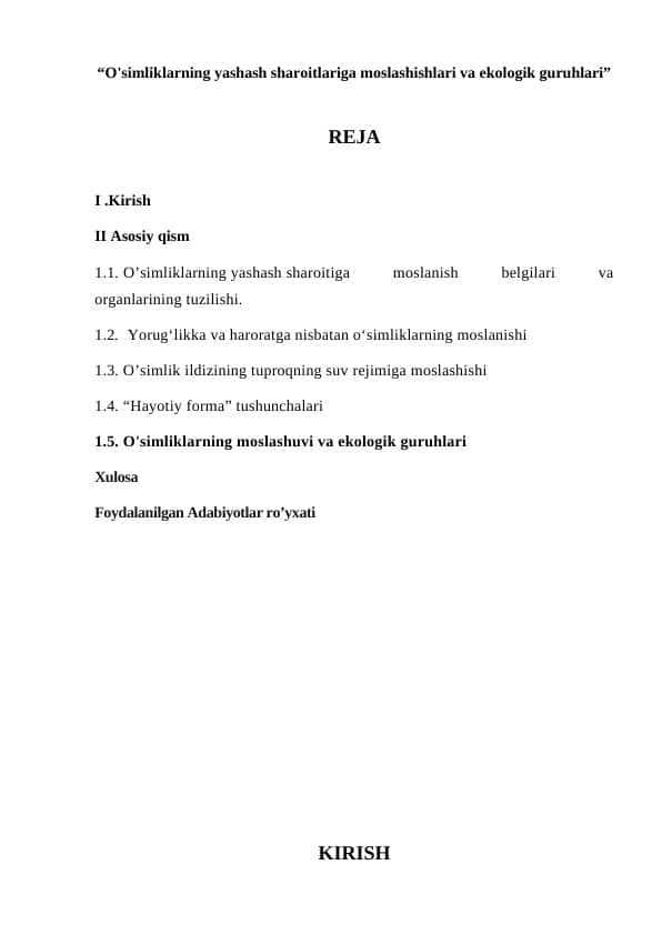 O'simliklarning yashash sharoitlariga moslashishlari va ekologik guruhlari