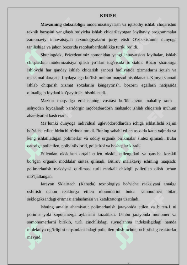 Склертек технологияси бўйича F-Y240 маркали полиэтилен ишлаб чиқаришдаги реакторлар бўлимини лойихаси (Q=130000 тй) 2