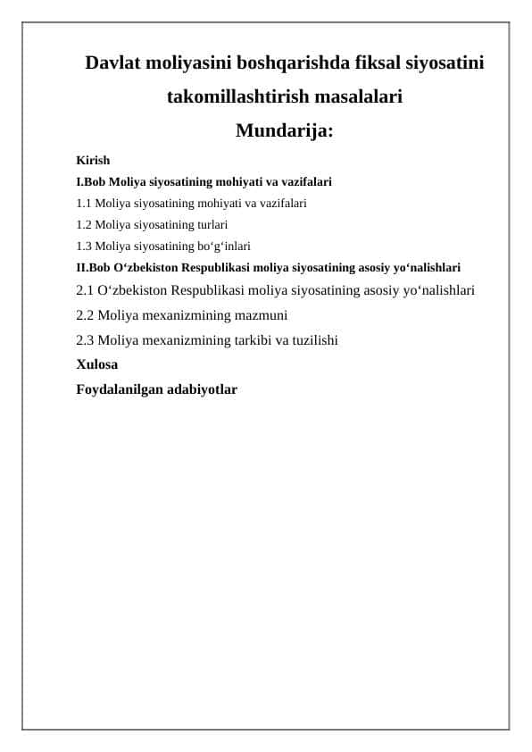 Davlat moliyasini boshqarishda fiksal siyosatini takomillashtirish masalalari