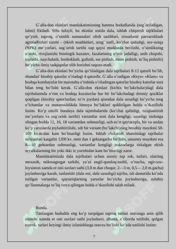 Don ekinlarida dala tajribalarini o’tkazish uslublari 7