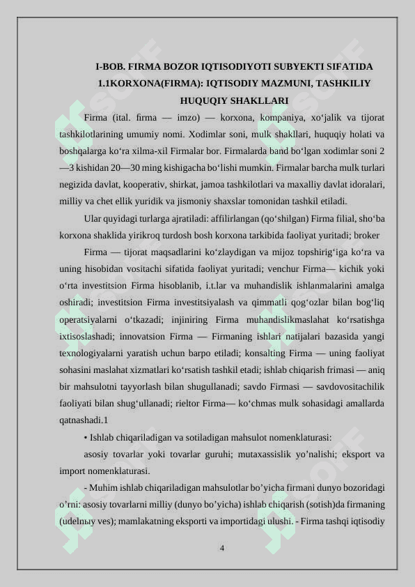 FIRMA BOZOR IQTISODIYOTINING ASOSIY SUBYEKTI SIFATIDA. FIRMA FAOLIYATINING KO‘RSATKICHLARI” 4