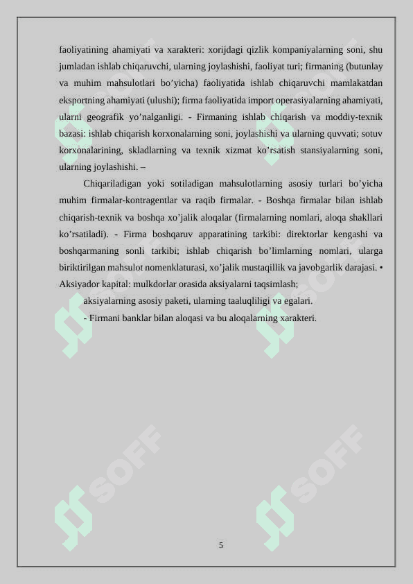 FIRMA BOZOR IQTISODIYOTINING ASOSIY SUBYEKTI SIFATIDA. FIRMA FAOLIYATINING KO‘RSATKICHLARI” 5