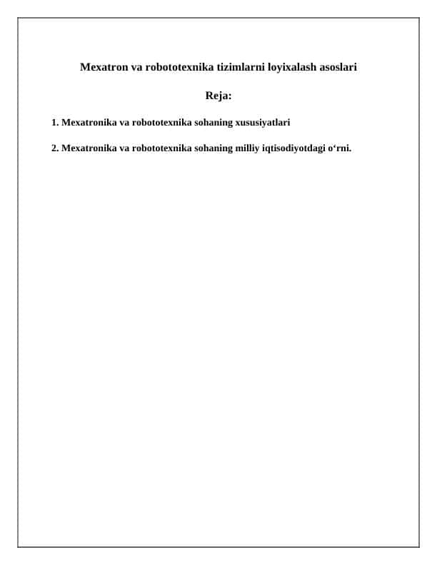 Mexatron va robototexnika tizimlarni loyixalash asoslari